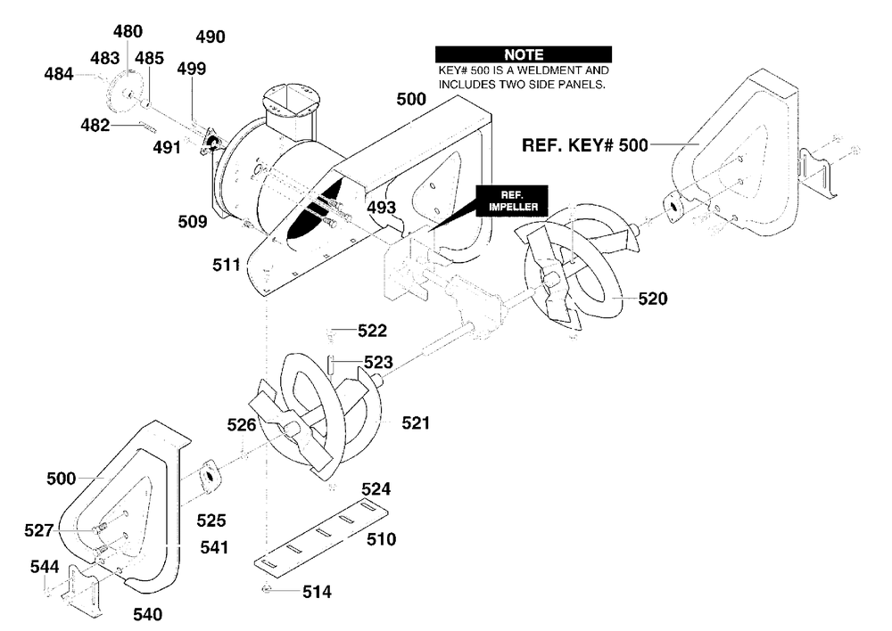 Auger Housing Assembly Diagram and Parts List for 624804X79B 2000 Briggs and Stratton Snow Blower